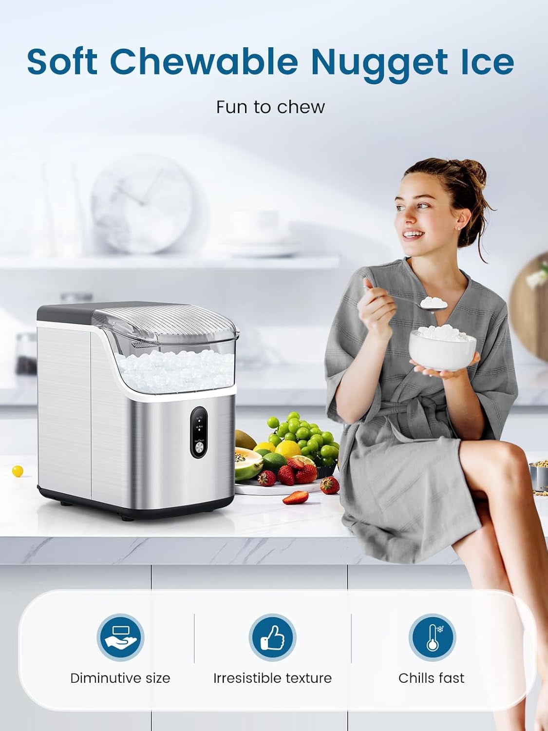 WAA Ice Makers Countertop,Portable Ice Machine with Crushed Ice,35lbs/Day,Self-Cleaning,One-Click Operation for Home Use(Silver)
