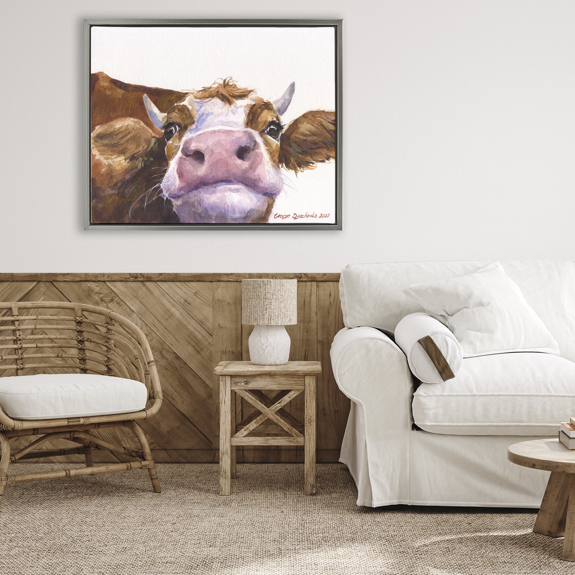 Stupell Industries Cute Cow Close Up Gray Framed Floater Canvas Wall Art, design by George Dyachenko