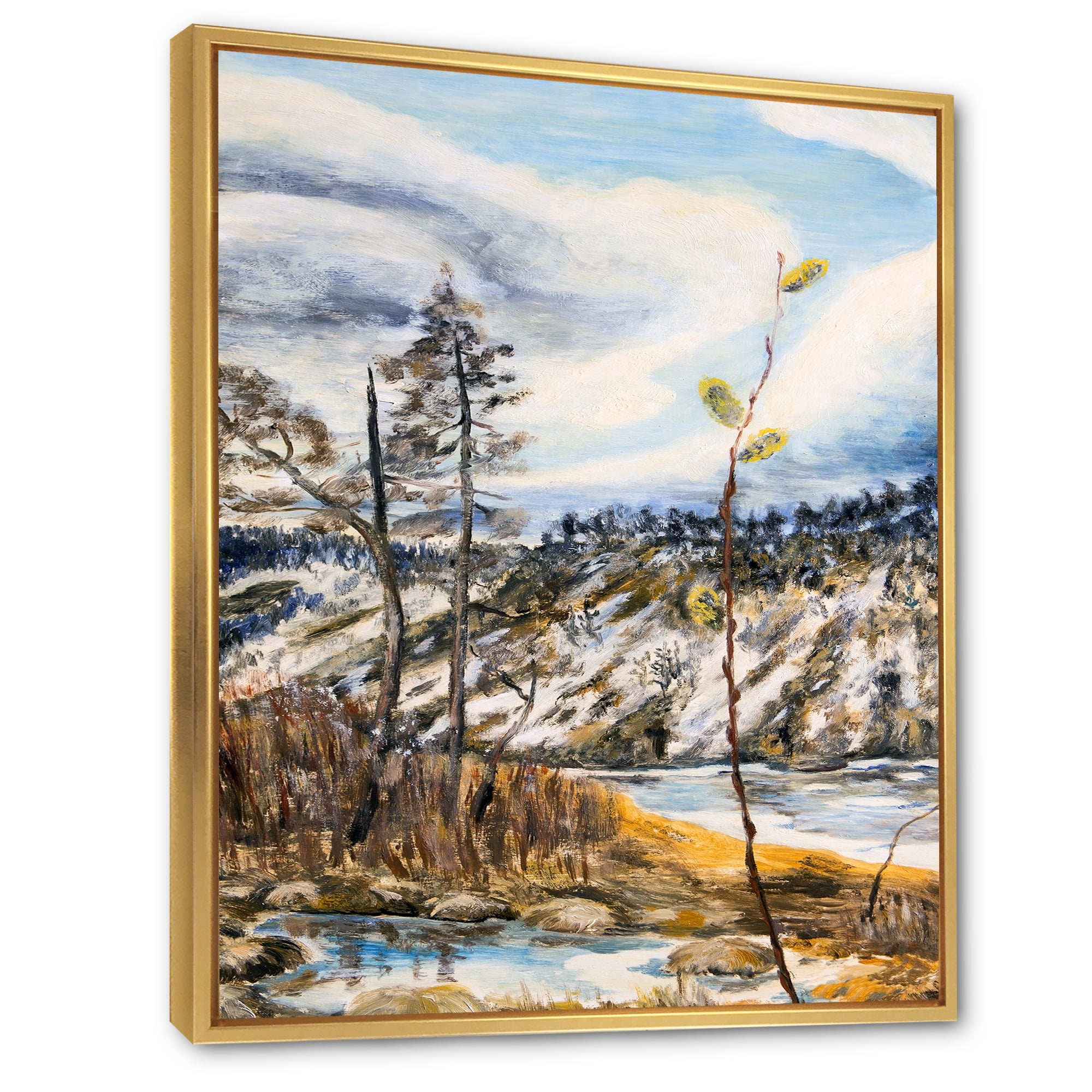 Designart 'The Cloudy Sky and The River With Spring Landscape' Lake House Framed Canvas Wall Art Print