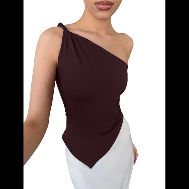 Blusa Asimétrica de Punto Sin Mangas con un Solo Hombro para Mujer, Estilo Y2K, Verano 2025 Rojo-Marrón XL
