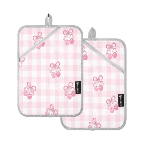 Two Pieces Of Square Heat Insulation Pad Oven Mitts Pink Checked Cherries 7x9.8 Inch Oven Microwave Kitchen Cooking Baking
