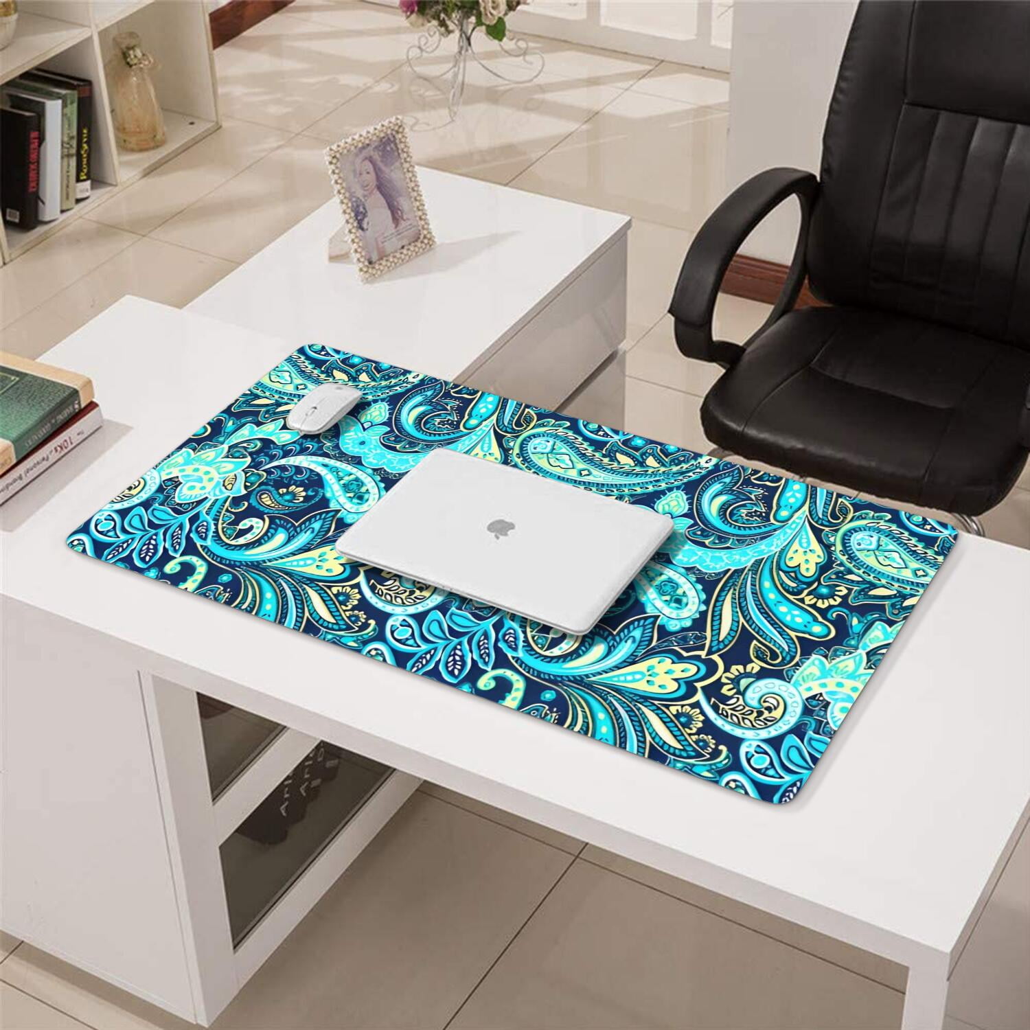 Long Mouse Pads for Desk,Blue Paisley and Floral Pattern Desk Mats on Top Of Desks, Desk Mouse Pad Extra Large with 3mm Non-Slip Base and Stitched Edge for Gaming,Office,Work,Home 31.5"x15.7"