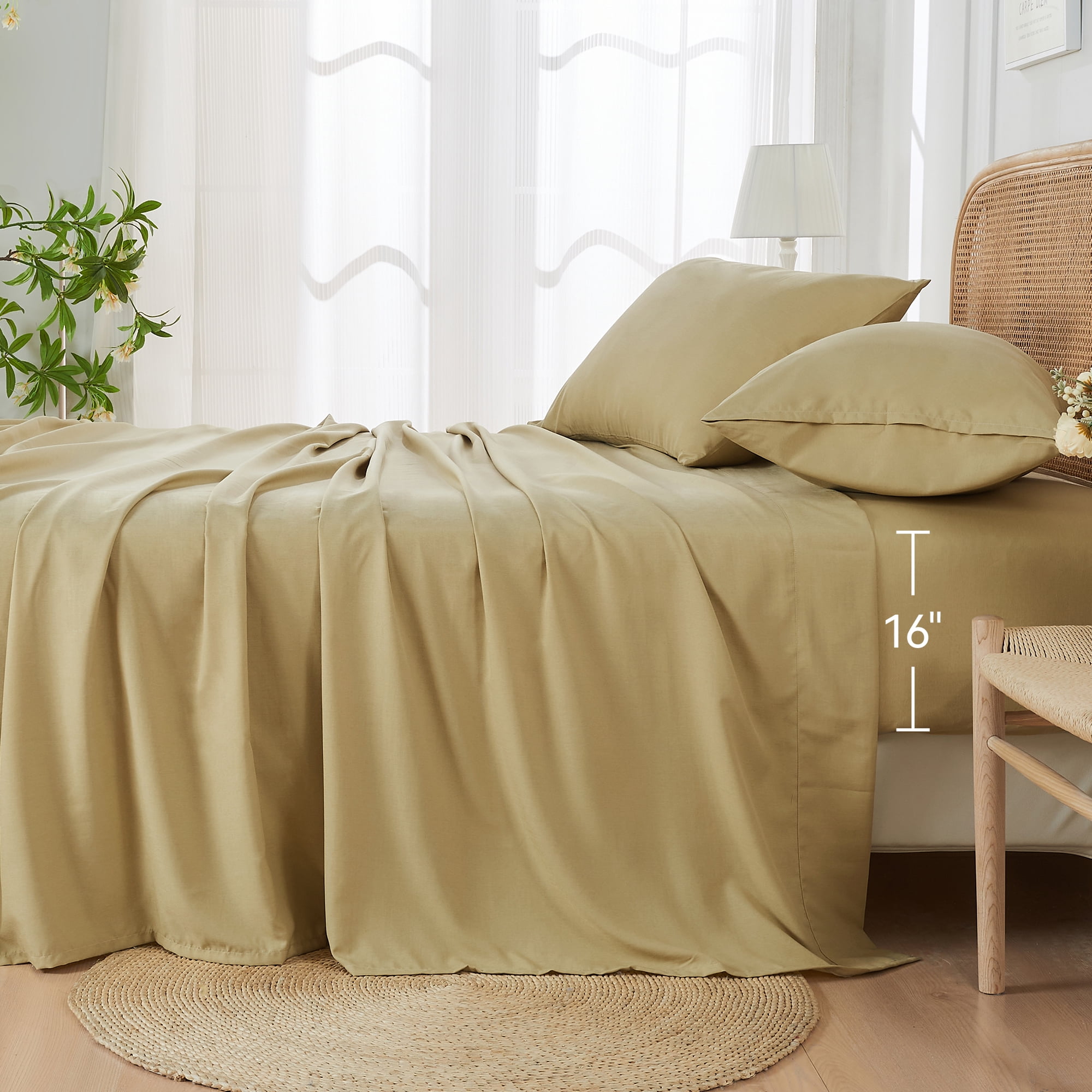 JELLYMONI 4 Pieces Cooling Twin Sheets Set, Microfiber & Bamboo Sheet Set, Breathable & Wrinkle Free - 16" Deep Pockets Bedding Sheets & Pillowcases,Khaki