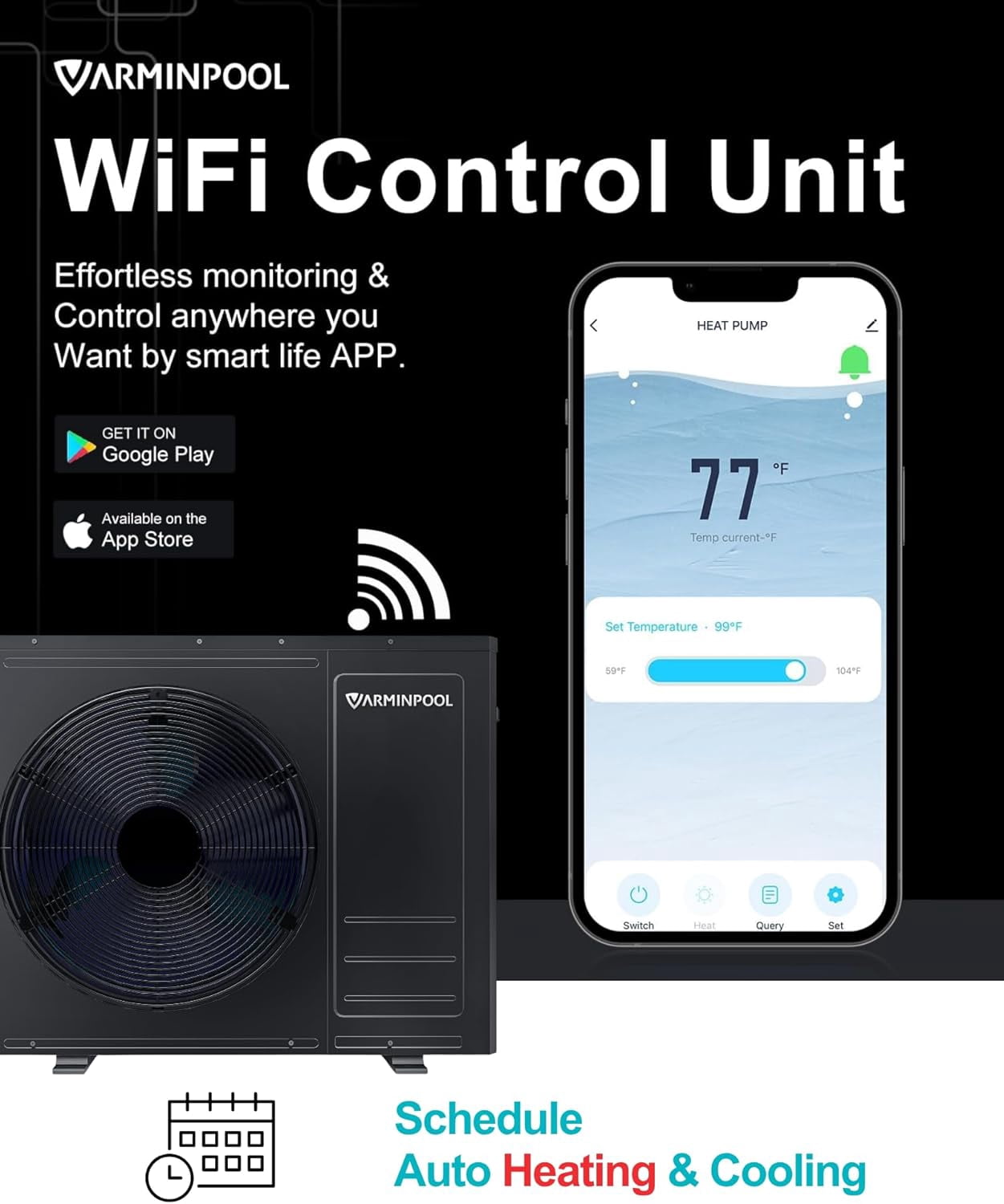 VARMINPOOL Pool Water Heater Cooler for Above Ground Pool 35000BTU Swimming Pool Heat Pump for Inground Pools WiFi Control Timer 240V 60HZ