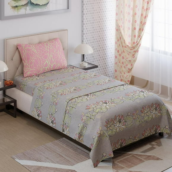 Single Bedsheet With One Pillow Covers Size - 59 X 87 Inches, Grey & Pink | Light Weight & Durable Bedsheet Set - Wrinkle Resistant Beautifully Designed Collection
