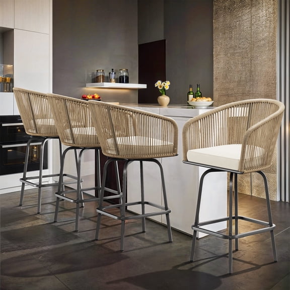 ModFusion 4-Piece Swivel Wicker Bar Stool Set with Cushions, Light Brown, for Adult Patio Seating