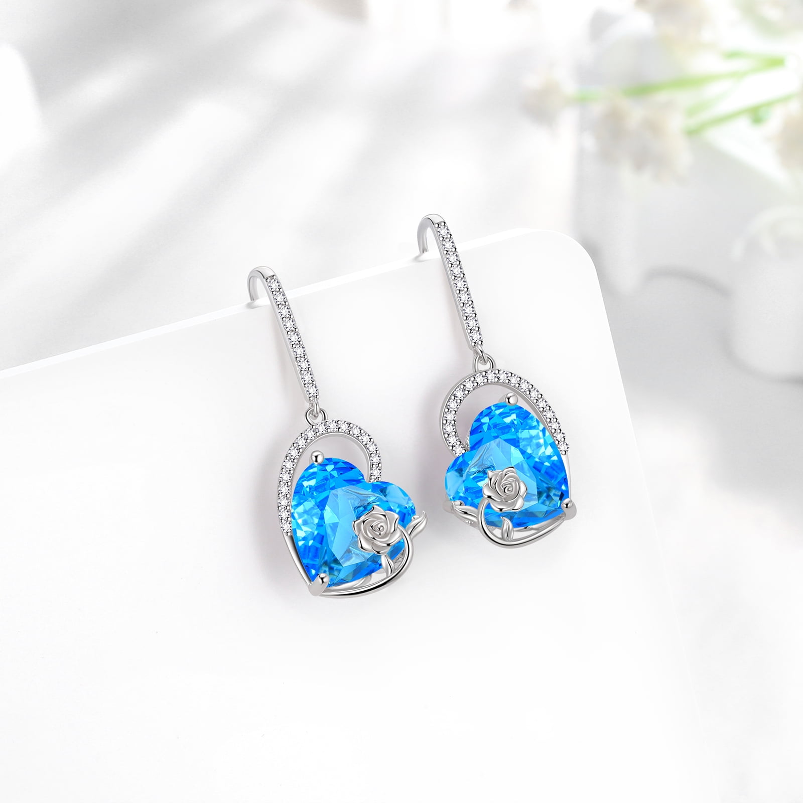 Juwaliy 925 Sterling Silver Earrings Women Heart March Birthstone Hook Dangle Earring Aquamarine Blue Rose Flower Jewelry Mother Birthday Gift