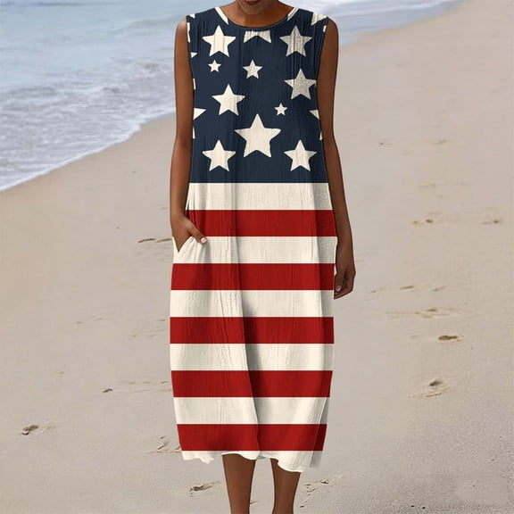 QUNYINEY Independence Day Womens Sundresses Sleeveless Patriotic Long Cotton Linen Tank Dress Casual Loose Fit Crew Neck Summer Dresses