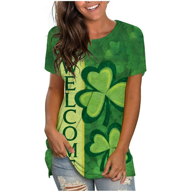 Mujeres Casual Día de San Patricio Impreso Manga corta O-cuello Pullover Blusa Camiseta Tops Pompotops hkajfhjk460644