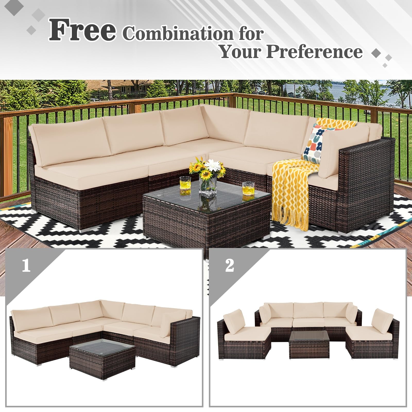 Tappio 6 Pieces Patio Furniture Set, All-Weather PE Rattan Sectional Sofa with Tempered Glass Coffee Table & Waterproof Cushions, Outdoor Modern Sectional Furniture for Garden Lawn Yard, Brown/Beige