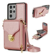 for Samsung Galaxy S21 Ultra Case Wallet with Shoulder Strap for Women - Crossbody Lanyard,Zipper Pocket,Credit Card Holder,Shockproof - Metal Buckle Closure Premium PU Leather Case, Rosegold