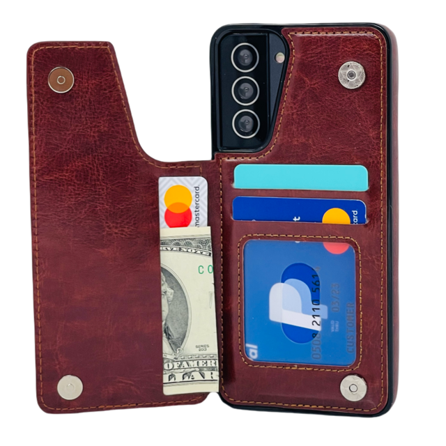 Leather Flip Wallet Case Card Holder Phone Back Cover for Samsung Galaxy S21 (Brown)