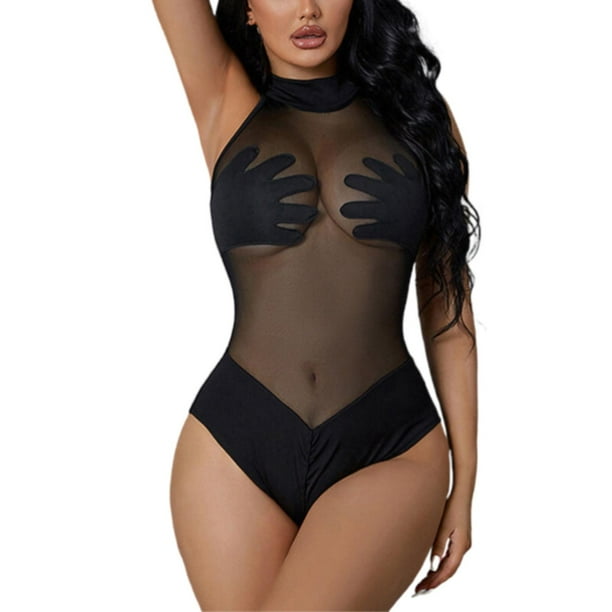Gibobby Traje de Baño Sexy Bikini Sexy Hot Girl traje de baño malla de empalme transparente sin espalda Delgado sin mangas colisión Color moda temperamen(Negro,G)
