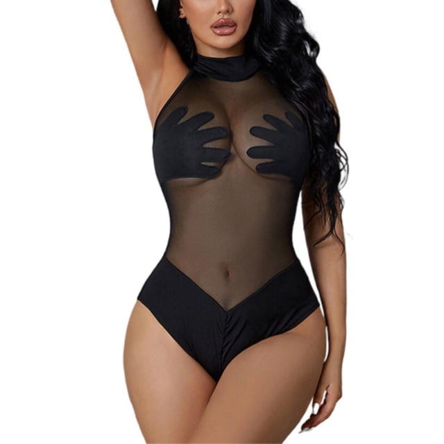 Gibobby Traje de Baño Sexy Bikini Sexy Hot Girl traje de baño malla de empalme transparente sin espalda Delgado sin mangas colisión Color moda temperamen(Negro,CH)