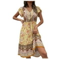 thumbnail image 2 of Wycnly Womens Dresses Beach Vacation Vintage Bohemian Elastic Waist Flowy Swing A Line Dresses Summer Floral Print V-Neck Short Sleeve Formal Midi Dress Yellow l, 2 of 5