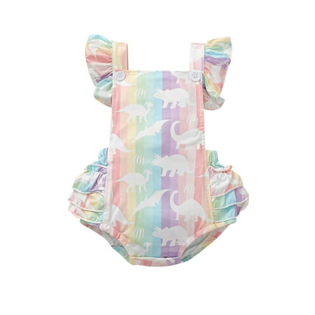 

Calsunbaby Baby Girls Sweet Ruffles Fly Sleeve Rompers Dinosaur Rainbow Striped Patchwork Backless Jumpsuits Birthday Outfit