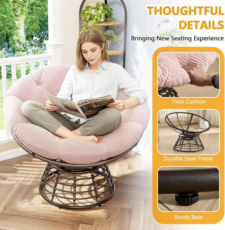 Ergonomic Wicker Papasan Chair, 360° Swivel Chair with Soft Thick Cushion for Living Room, Bedroom, Reading Room