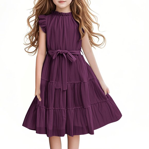SROBPTY Girls Dresses, Girls Summer Formal Ruffle Sleeve A Line Casual Dresses with Belt Purple 7 Years