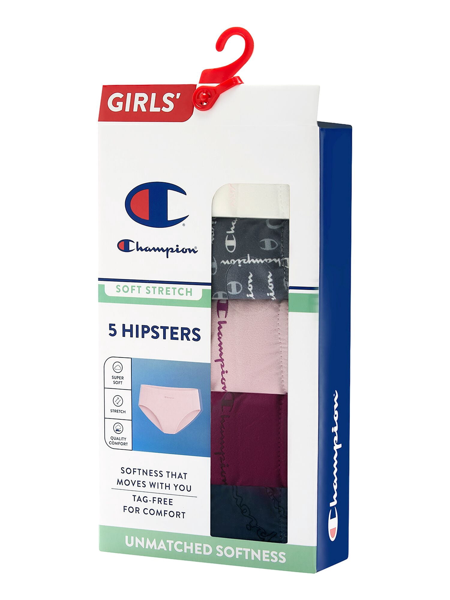 Champion Girls’ Softest Touch Classic Hipster Briefs, 5 Pack, Sizes XS–XL