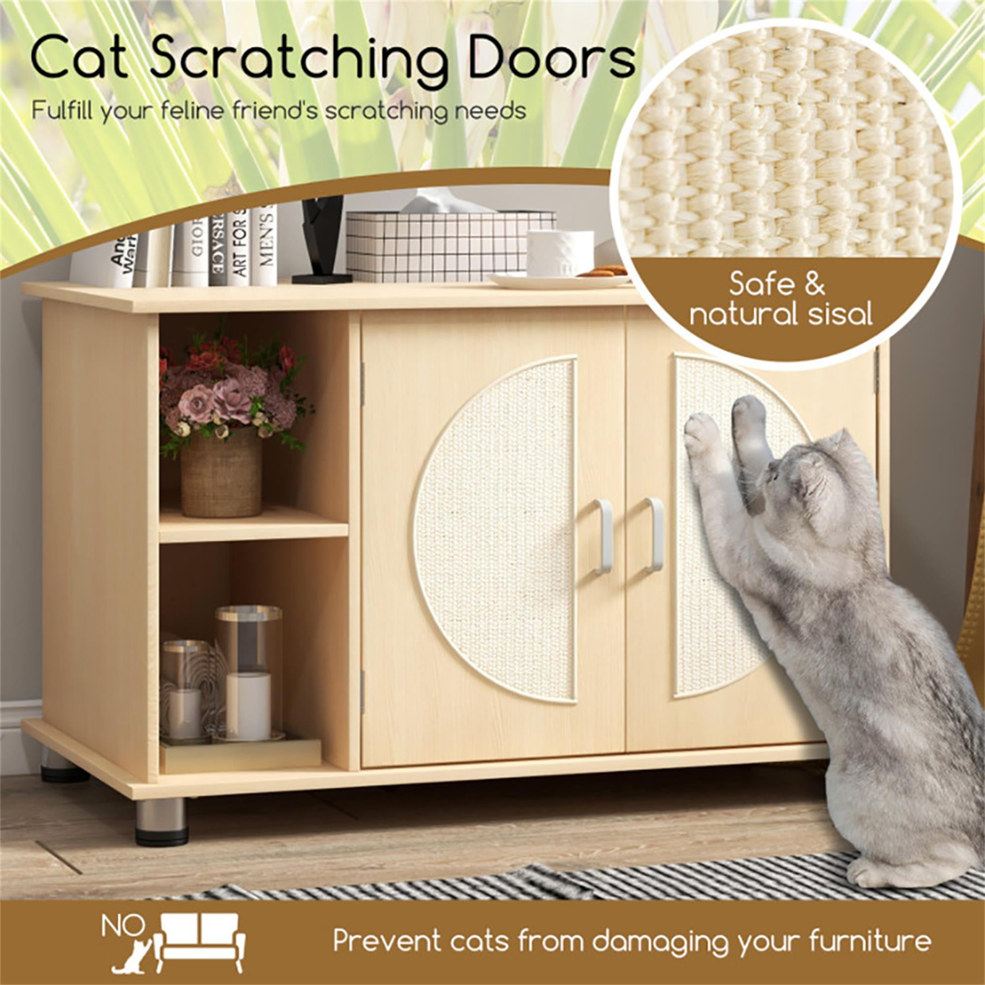 Kadyn 32" Wood Cat Litter Box Enclosure Furniture with Sisal Scratching Doors, Adjustable Metal Feet Cat Washroom Storage, Beige