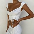 thumbnail image 2 of Top sin mangas para mujer, corte escotado, dobladillo fruncido, color puro, camisa ajustada para mujer para primavera y verano, blanco S, 2 of 8