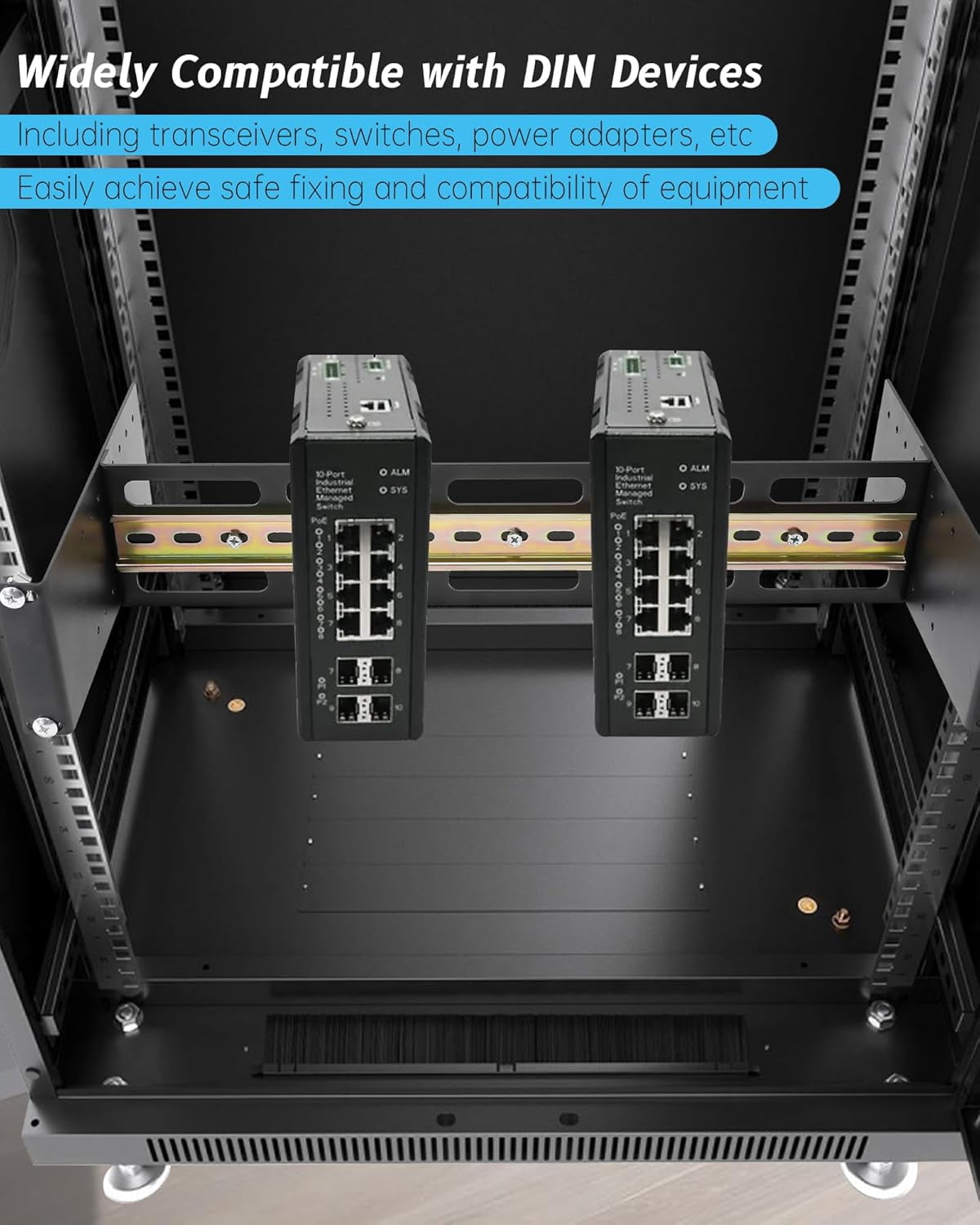 19 Inch Rack Mount DIN Rail Kit, with High Strength Metal,Depth Adjustable Rackmount Din Rail Chassis 2U Adjustable,for Media Converters, Ethernet Switch, Industrial PoE Switch & Power Supplies