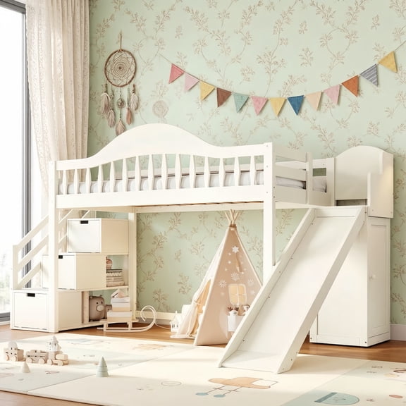 Twin Size Kids/Teens Loft Bed with Storage Staircase, Slide & Wardrobe, Princess Bed Frame with Curved Guardrail