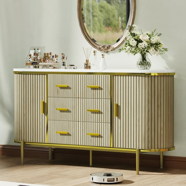 59 Inch Farmhouse Fluted Sideboard Buffet, Large Credenza Media Console with 6 Drawers and 2 Sliding Doors for Living Room & Kitchen Storage