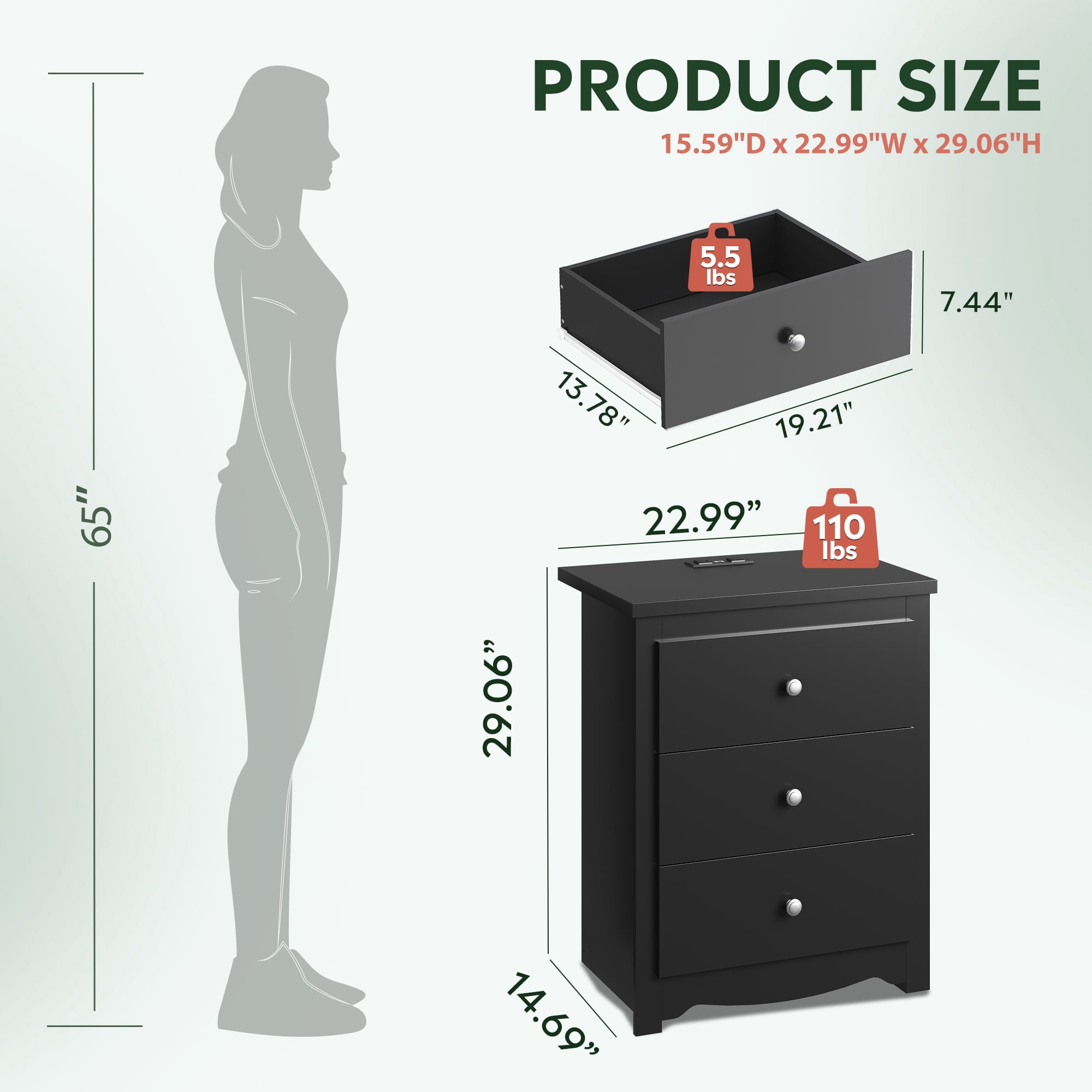 GALAXHERO Tall Black Nightstand with Charging Station and 3 Drawers, Wood Bedside End Table with 2 USB Ports & 2 AC Outlets for Bedroom Living Room Dorm
