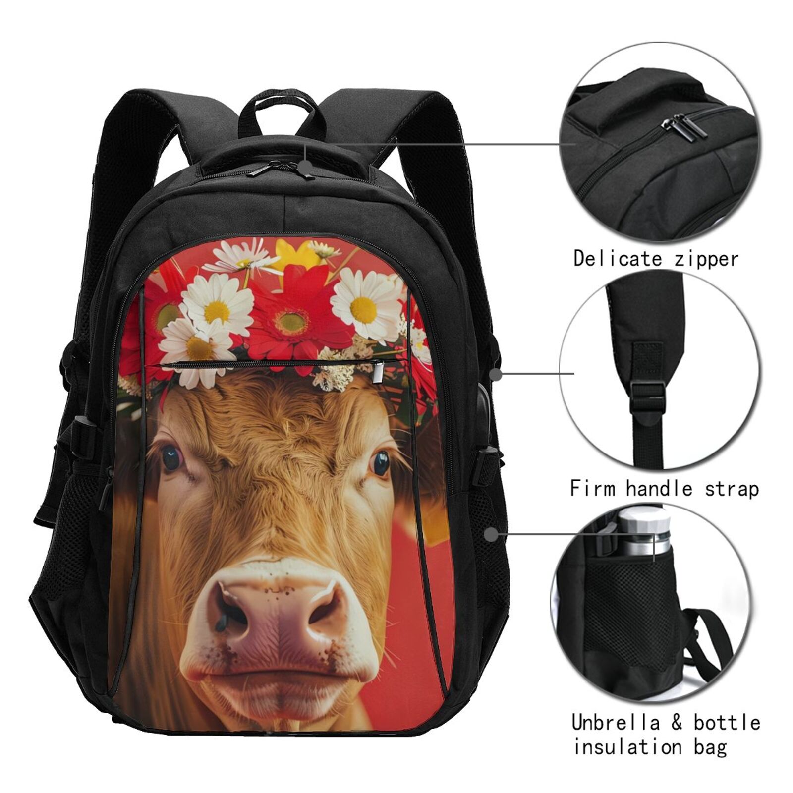 Vsdgher White And Red Daisy Cow Print Travel Laptop Backpack, Laptops Backpack with USB Charging Port, Water Resistant Computer Bag Gift for Men & Women