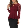 thumbnail image 4 of INSPIRE CHIC Women's Top Lace Keyhole Front Peplum Hem Sheer Long Sleeve Blouse XS Burgundy, 4 of 7