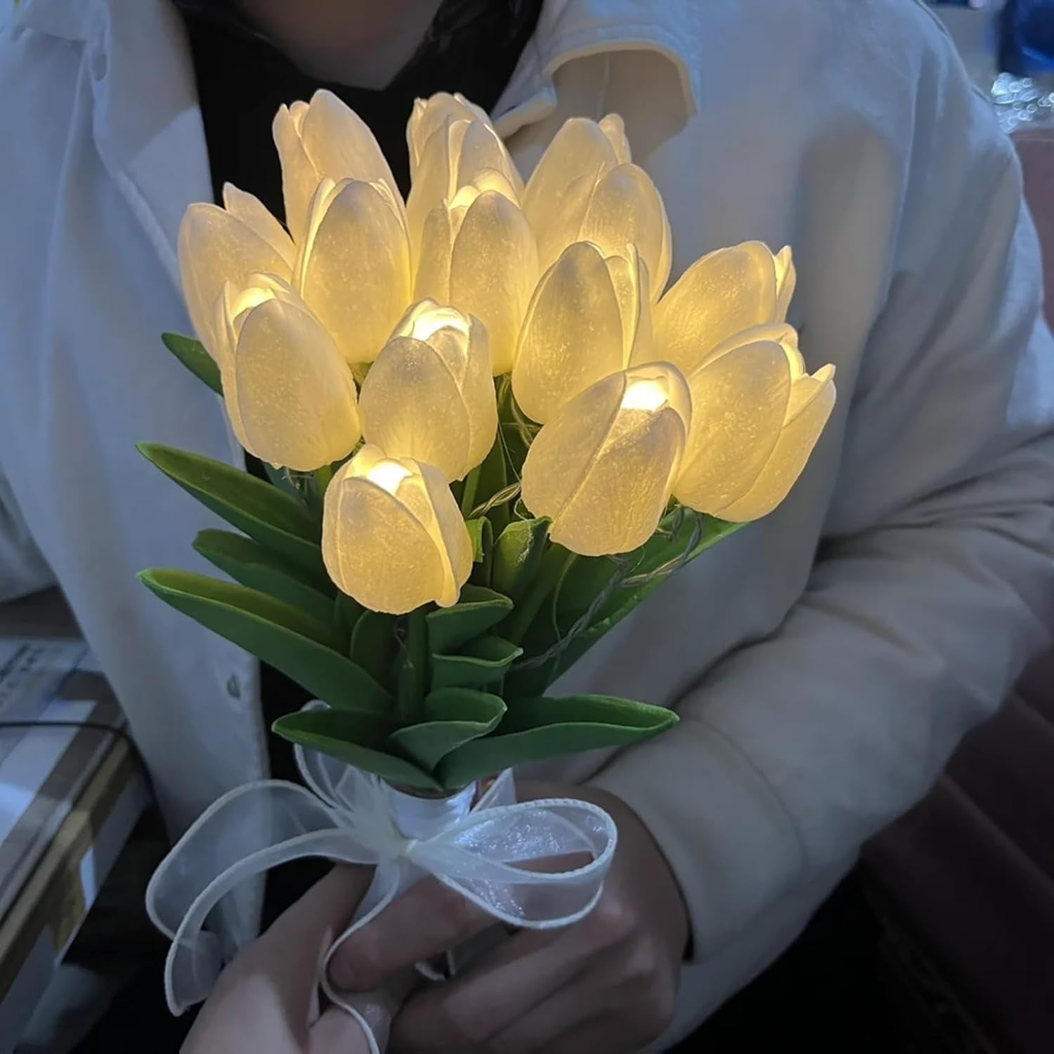 Artificial Tulip Flowers LED Lights Fake Tulips Bouquet Battery Powered Real Touch Led Night Light for Home Office Table Centerpiece Wedding