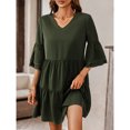 thumbnail image 4 of Vestido con volantes Cuello en V Color puro Costuras de moda Elegante Ajuste casual Vestido corto con volantes para citas Verde oscuro L, 4 of 8