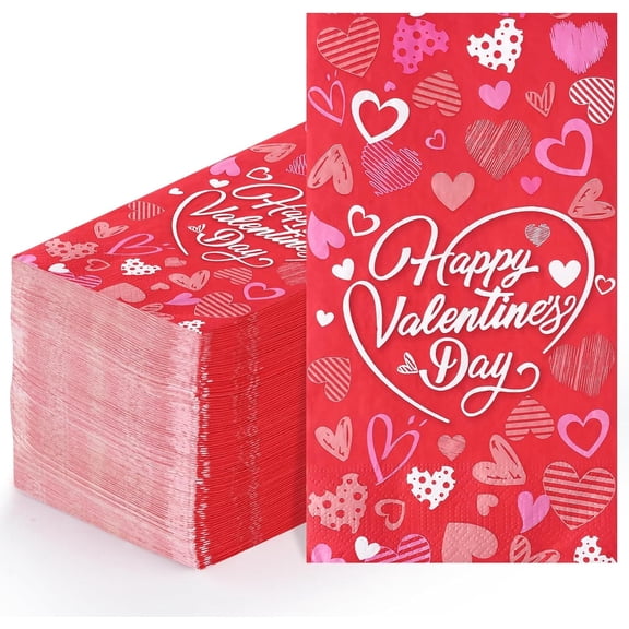 Caltero 100 PCS Valentine Day Paper Napkins, 3 Ply Pink Red Love Hearts Party Dinner Napkins, Valentine Disposable Guest Towels for Valentine’s Day Party Supplies