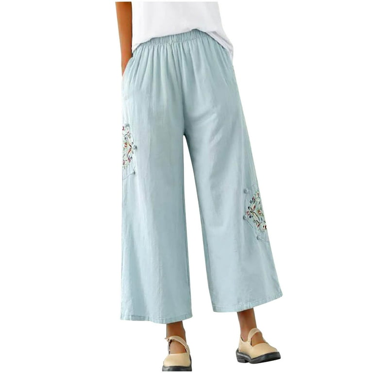 KIHOUT Women's Plus Size Summer Pull On 2 Pocket Stretch Capri Pants  Elastic High Waist Linen Pant Pockets Cropped Trouser 