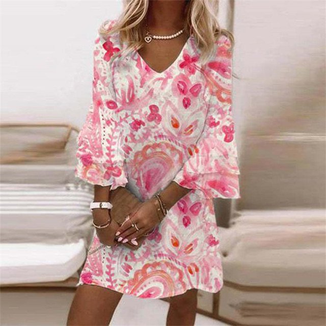Vestido corto de manga de siete cuartos para mujer, Jersey holgado con cuello en V, elegante, estilo dulce, estampado, 2023