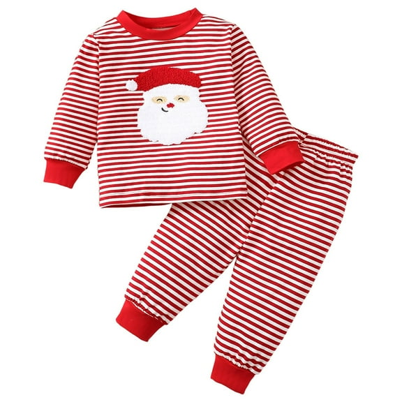 Boys Christmas Outfits 2 Piece Set Festive Santa Embroidered Red White Stripe Long Sleeve Girls Holiday Family Party Photoshoot Holiday Fall Winter Pants Sets