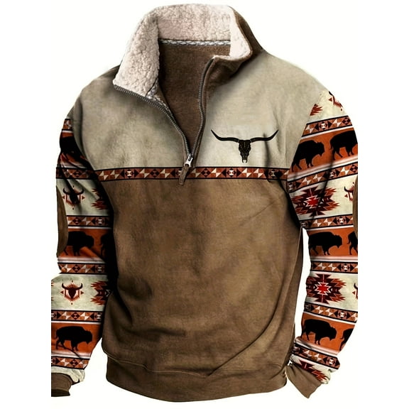 Men's Western Wool Jacket Denim Bull Head Print Pullover 1/4 Zipper Stand Collar Long Sleeve Sweatshirt,L,brown
