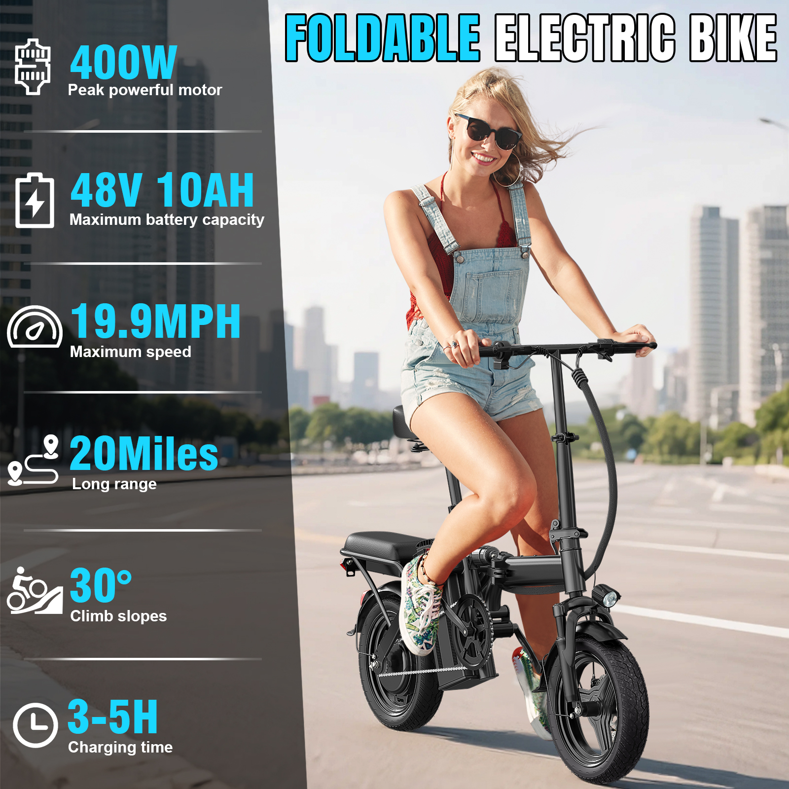 14 Inch Folding Electric Bicycle, 400W Adult Electric Bicycle, 48V 10.4Ah,Top Speed 19.9 Mph, Dual Disc Brake Safety System, 3-Speed Riding, Front Fork With Shock Absorption, Black