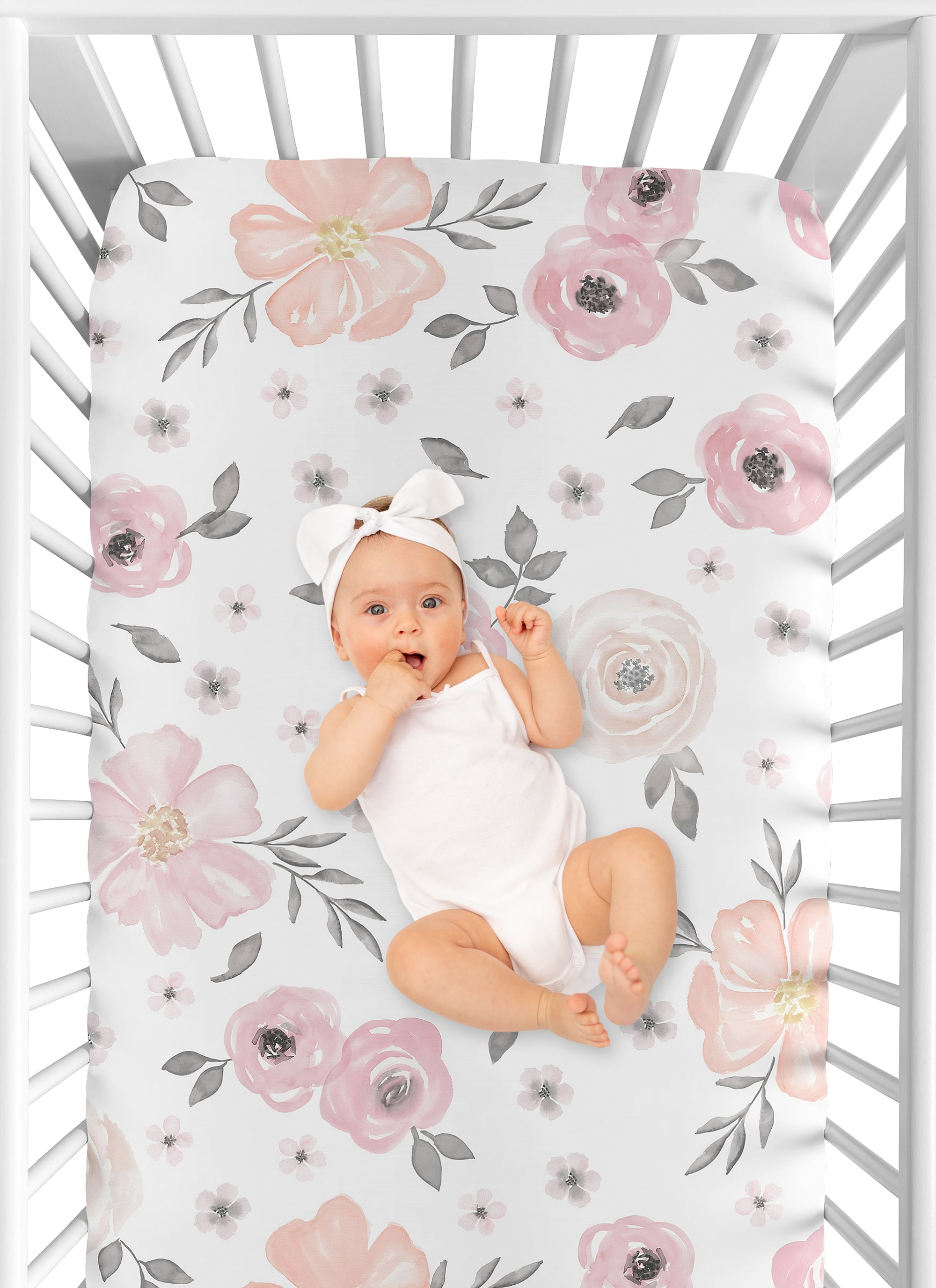Sweet Jojo Designs Watercolor Floral Pink and Grey Fitted Crib Sheets 2 Piece Set
