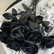 Blukids 1pcs Black and White Red Roses Artificial Flowers with Stems, Faux Silk Flowers Bridal Gothic Wedding Bouquet, Realistic Blossom Flora for Home, Office, Hotel Decorations(Black)