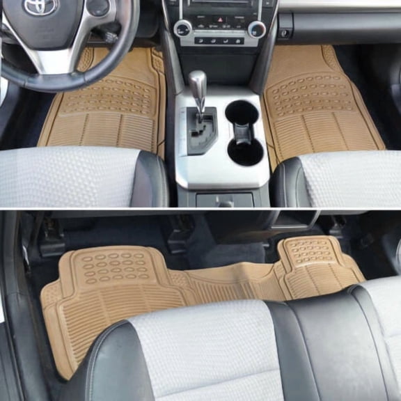 RONGTUO All Season Rubber Floor Mats for Car SUV Van Heavy Duty 3 PC Set Beige Trimmable