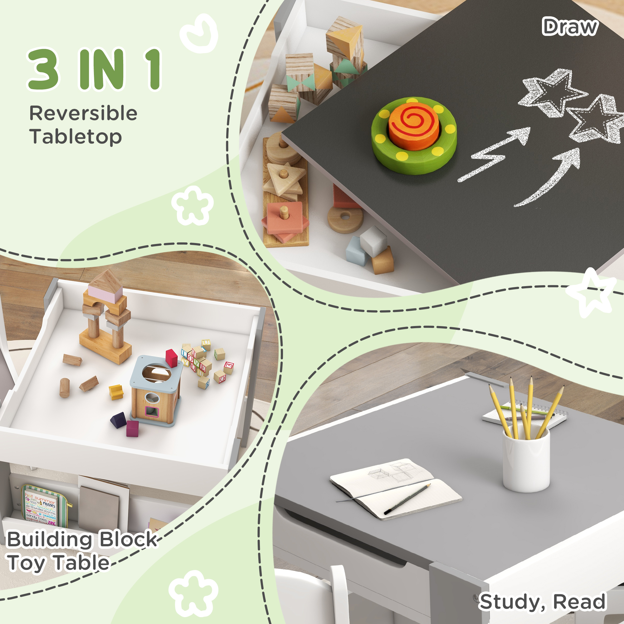 Homiyad 3pc Kids Table and Chair Set with Reversible Tabletop Blackboard, Storage & Bookshelves, Gray