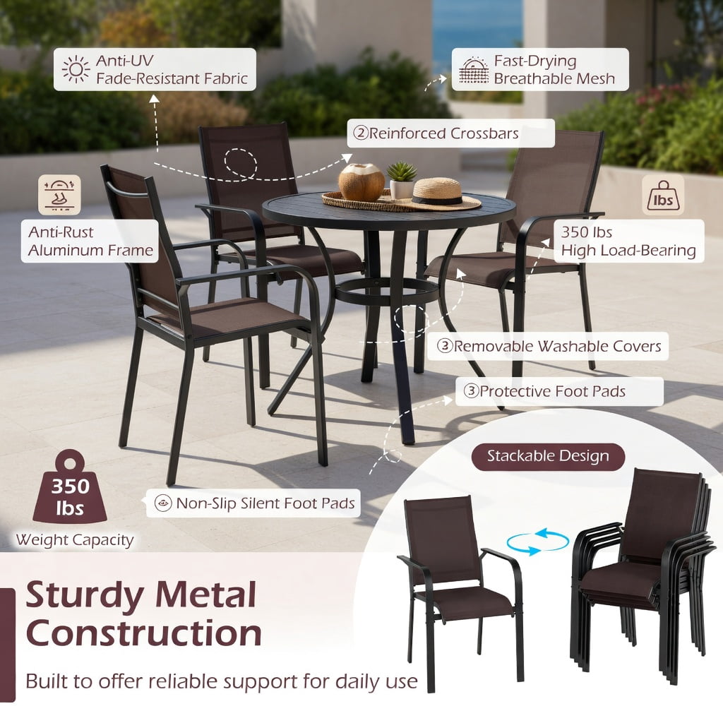Hommoo Stackable Outdoor Patio Dining Chairs Set of 6, Heavy-Duty Metal Frame, Breathable Mesh Seat, Coffee