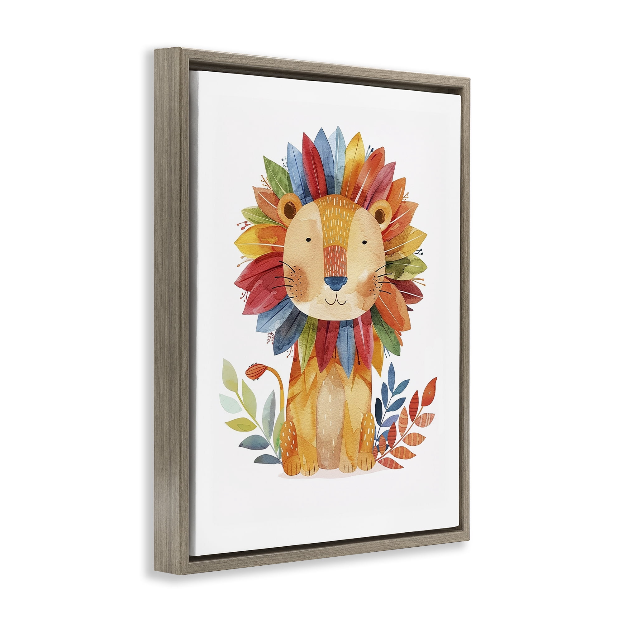 Stupell Industries Rainbow Blooms Lion Animals Painting Brown Floater Framed Canvas Art Print Wall Art, 25 x 31
