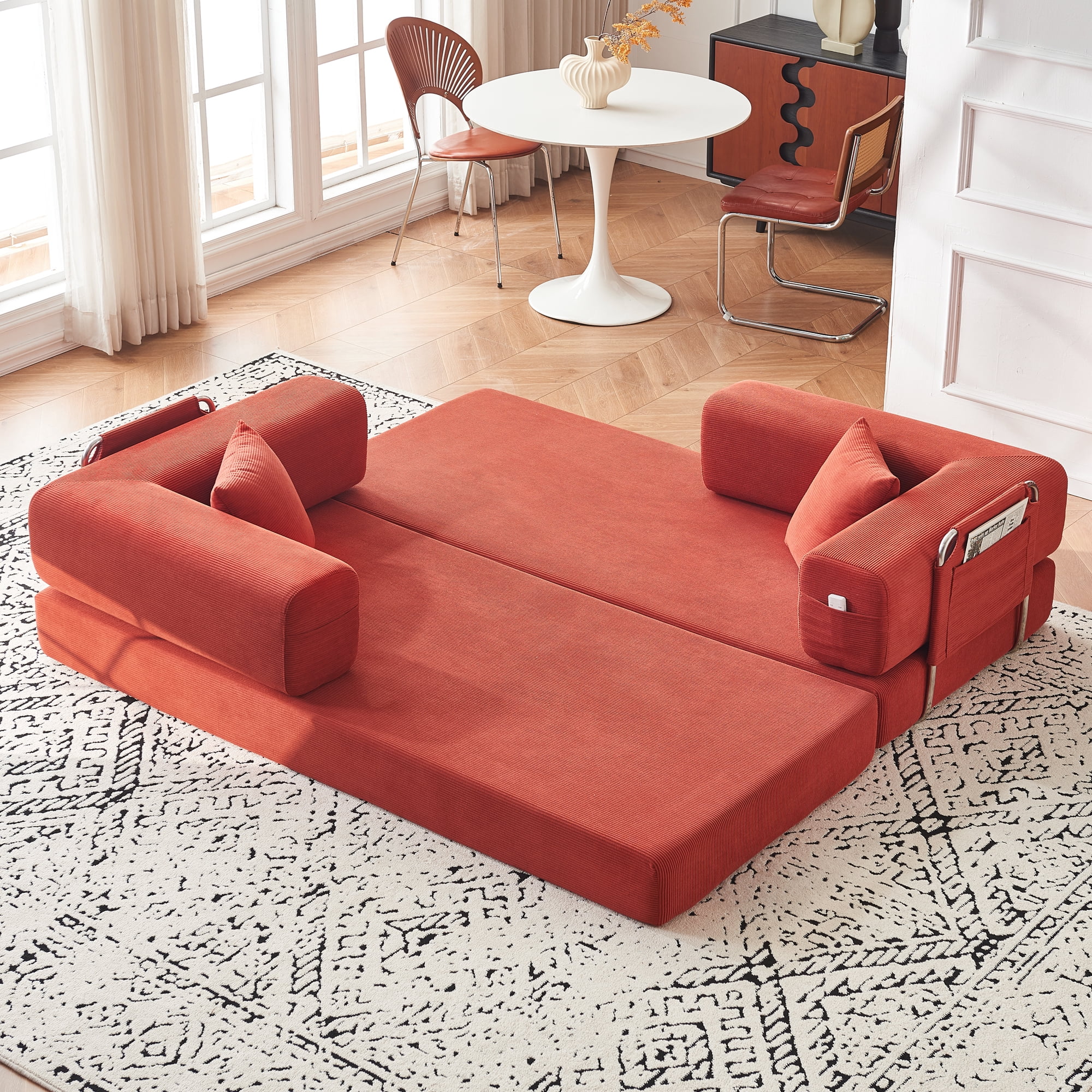79" Convertible Sofa Bed ,CARZZI LIFE Compressed Floor Boneless Couch Modular Corduroy Sleeper Sofa, Folding Mattress Couch for Small Spaces - No Assembly Needed in Orange with Storge