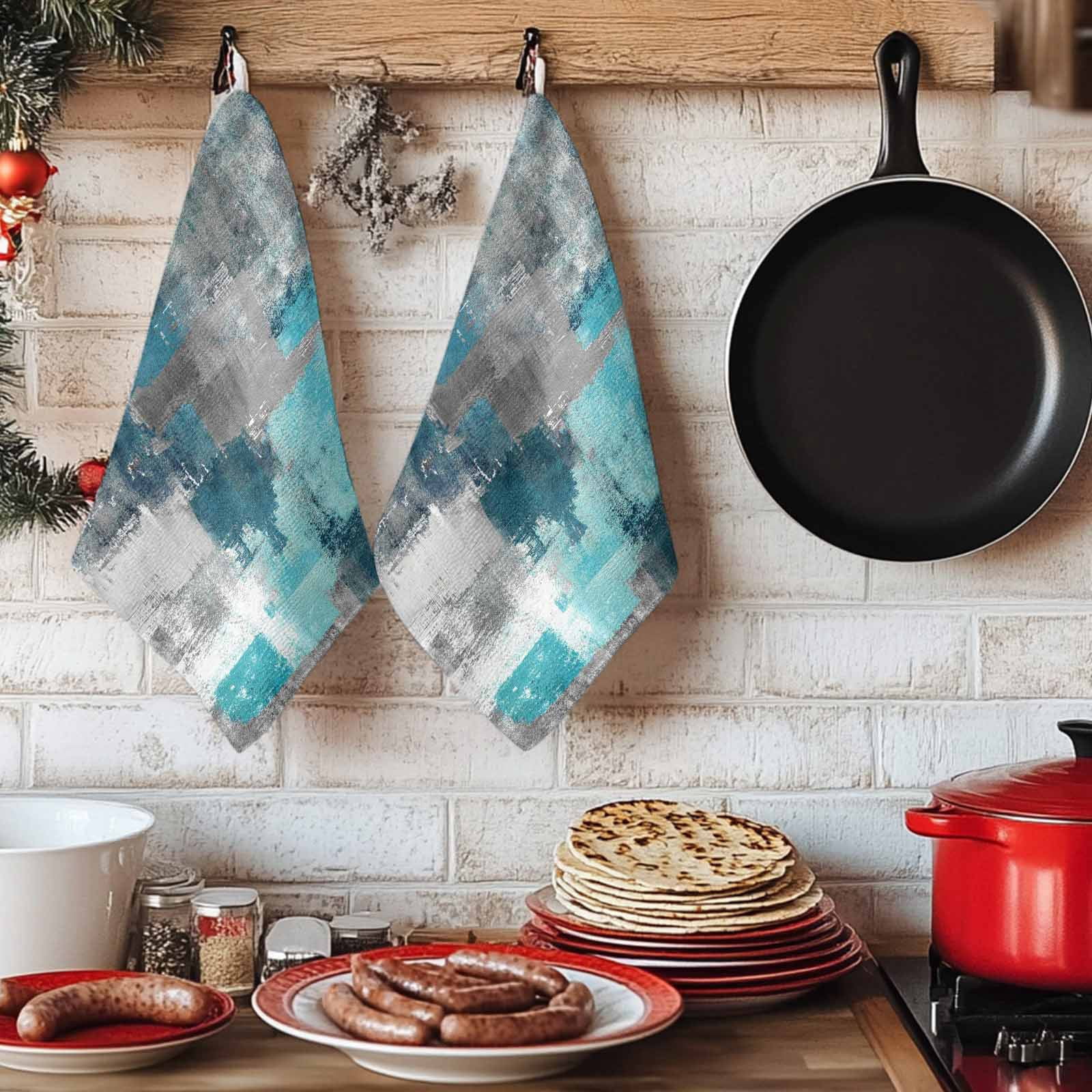 Dish Towels, Teal Gray Block Absorbent Kitchen Towels 2 PCS, Abstract Art Microfiber Hand Towels Dish Cloths Tea Towels for Home&nbsp;Bathroom Cleaning Drying,18X28-Inch,