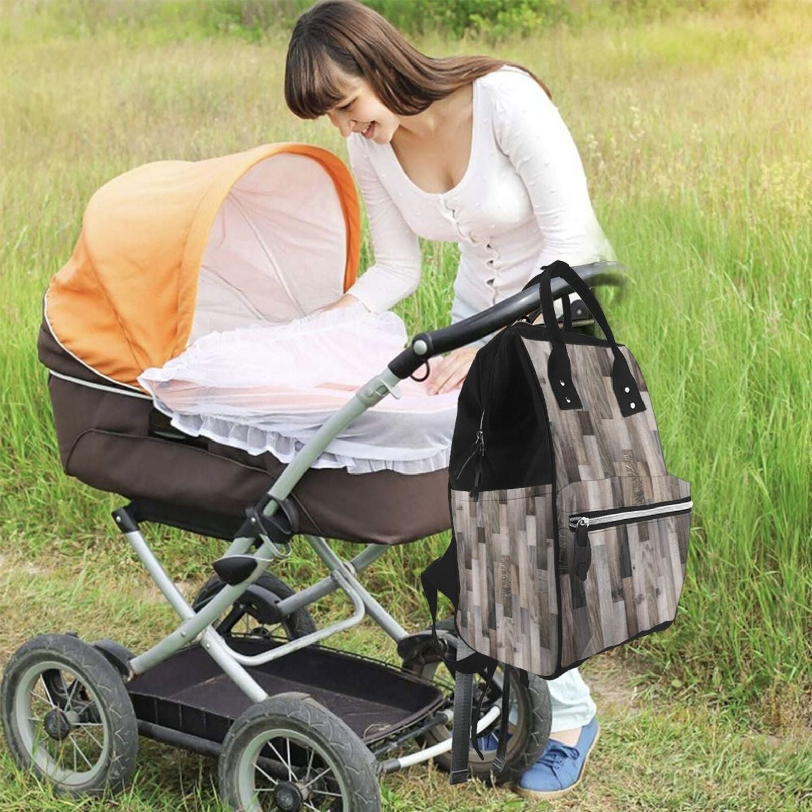 Ratiio Wooden Texture Mummy Backpack - Waterproof Twill Canvas, Large Capacity Diaper Bag with Multiple Pockets and Adjustable Straps