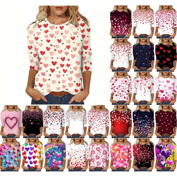 Valentines Womens 3/4 Sleeve Shirts Heart Graphic Crew Neck Tops Casual Cute Pattern Comfy Tee Festival Funny Soft Fashion Stylish T Shirt Gift for Women