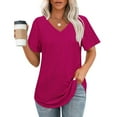 thumbnail image 2 of jtjvou Womens T Shirts V Neck Short Sleeve Casual Tops Loose Fit Basic Tees with Curved Hem Pink XL, 2 of 5